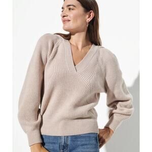 The Reset R Label Must Have V Neck Wool Sweater Balloon Sleeve Top Natural Sz M